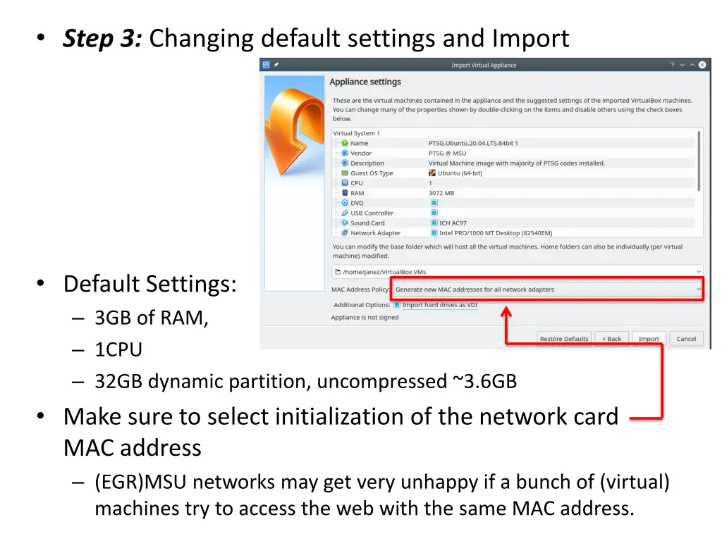 step 3 changing default settings and import