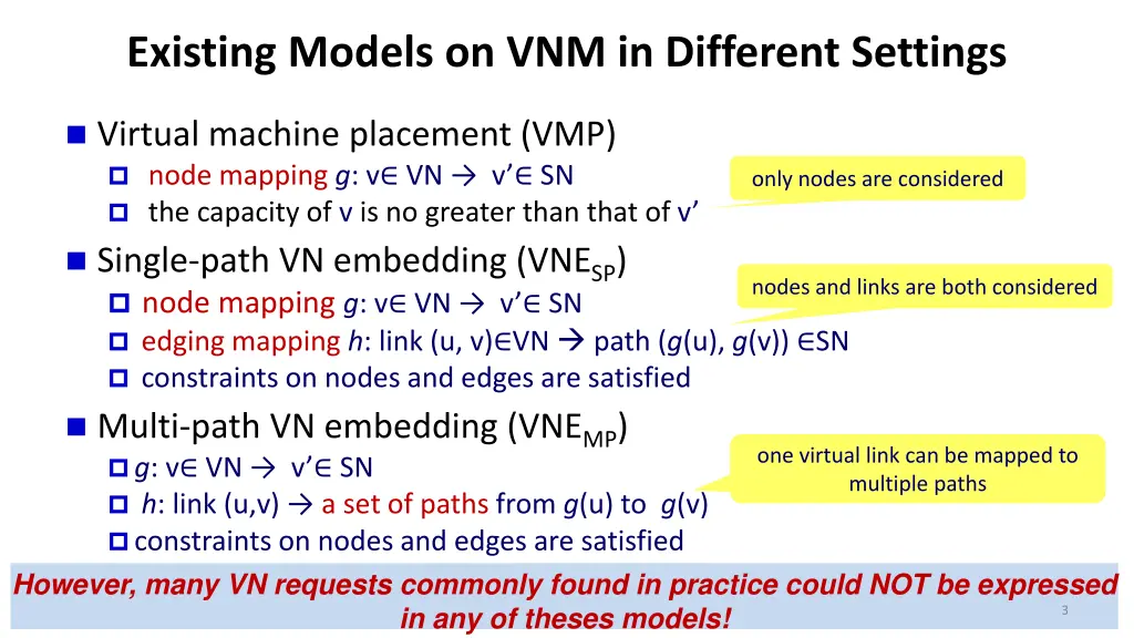 existing models on vnm in different settings