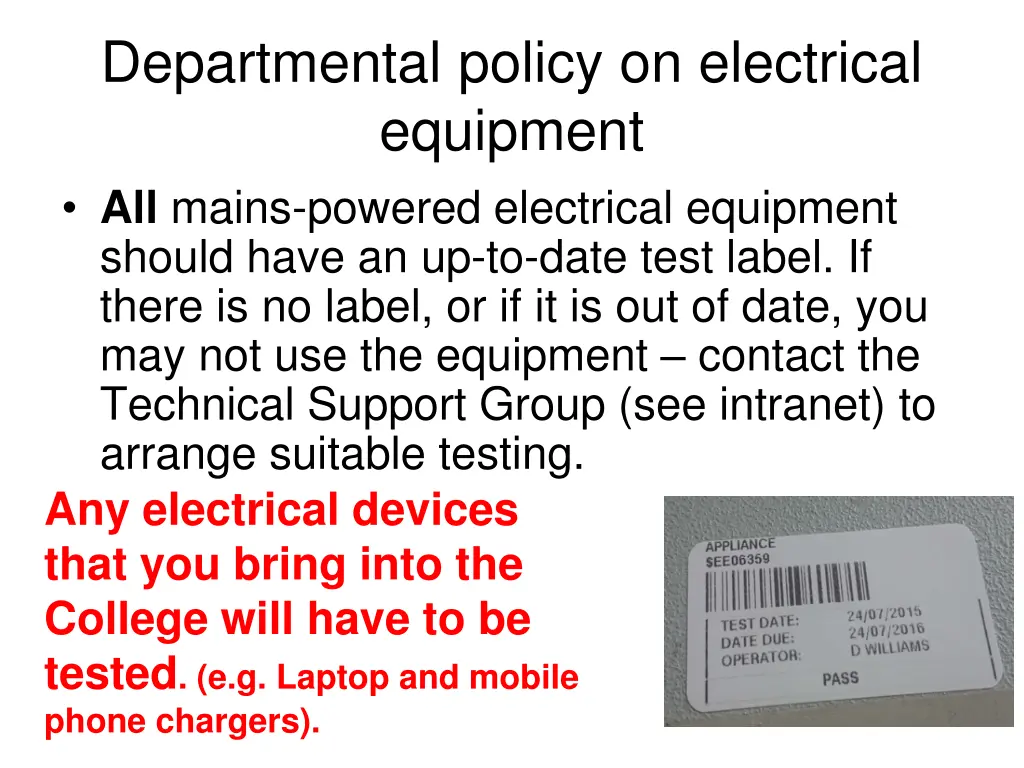 departmental policy on electrical equipment