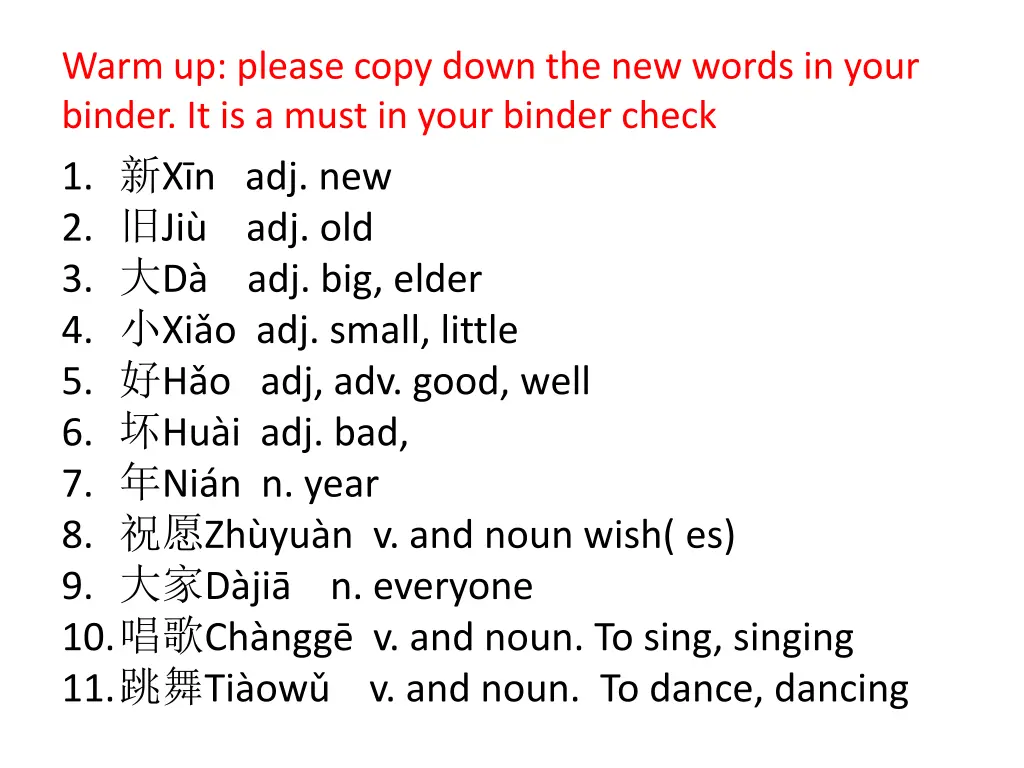 warm up please copy down the new words in your