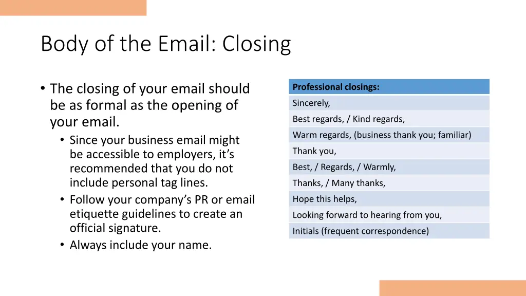 body of the email closing