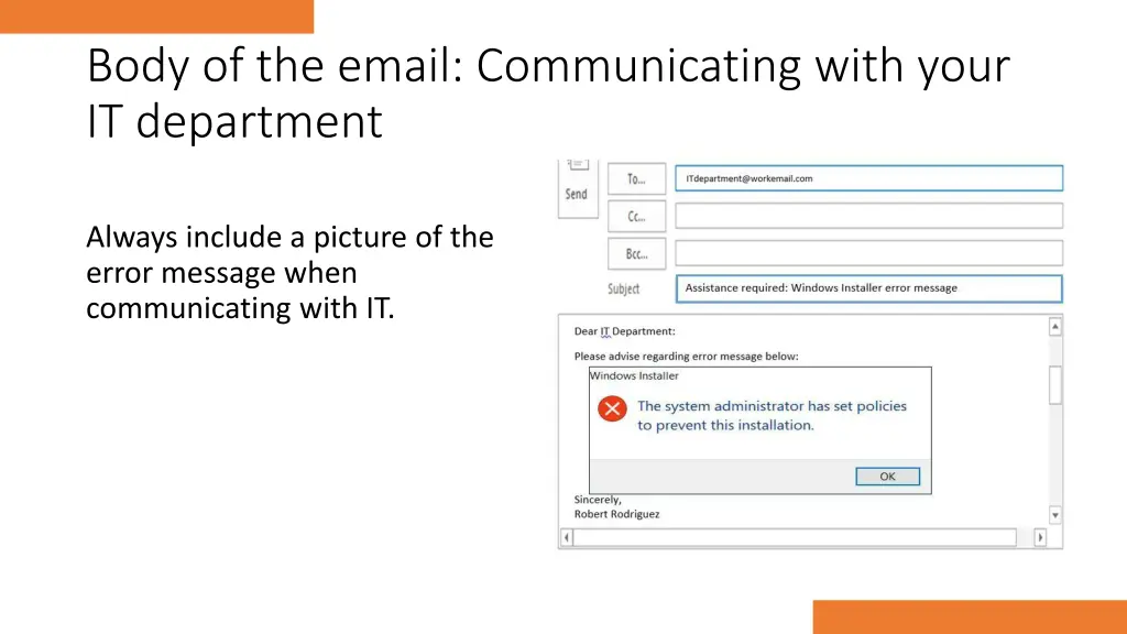 body of the email communicating with your