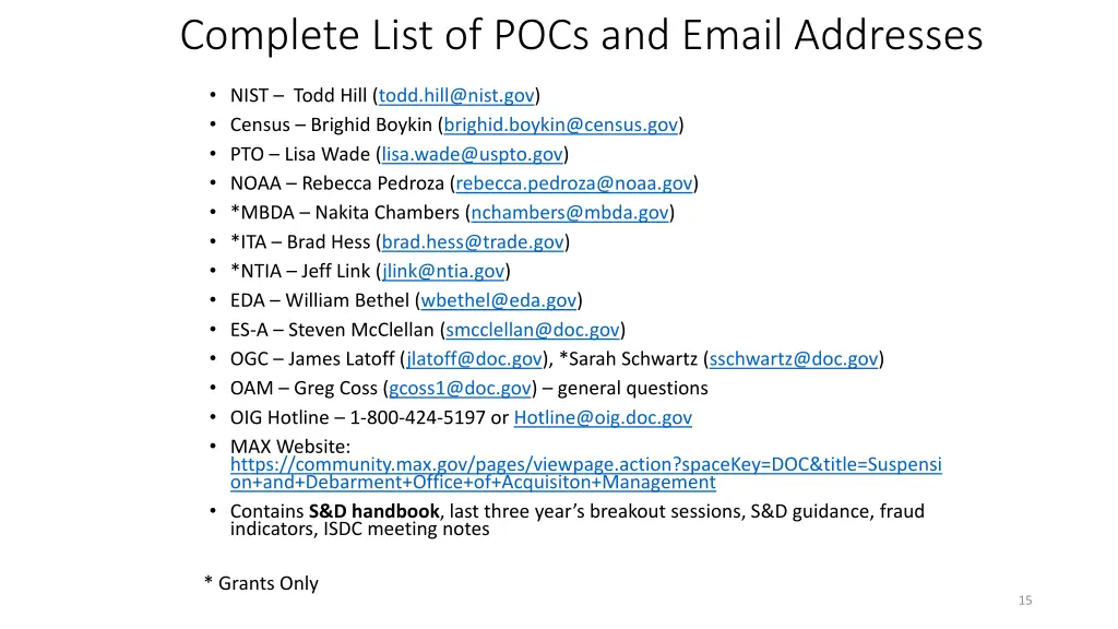 complete list of pocs and email addresses