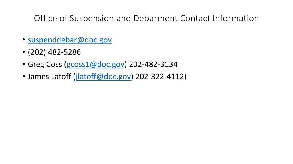 office of suspension and debarment contact