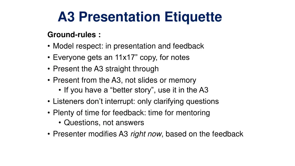 a3 presentation etiquette