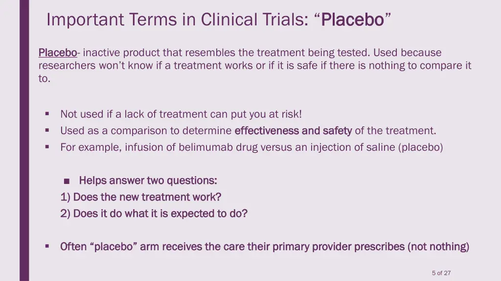 important terms in clinical trials placebo