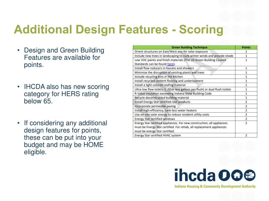 additional design features scoring