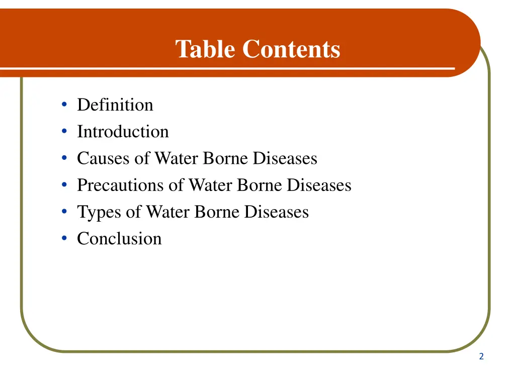 table contents