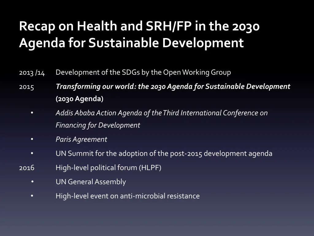 recap on health and srh fp in the 2030 agenda