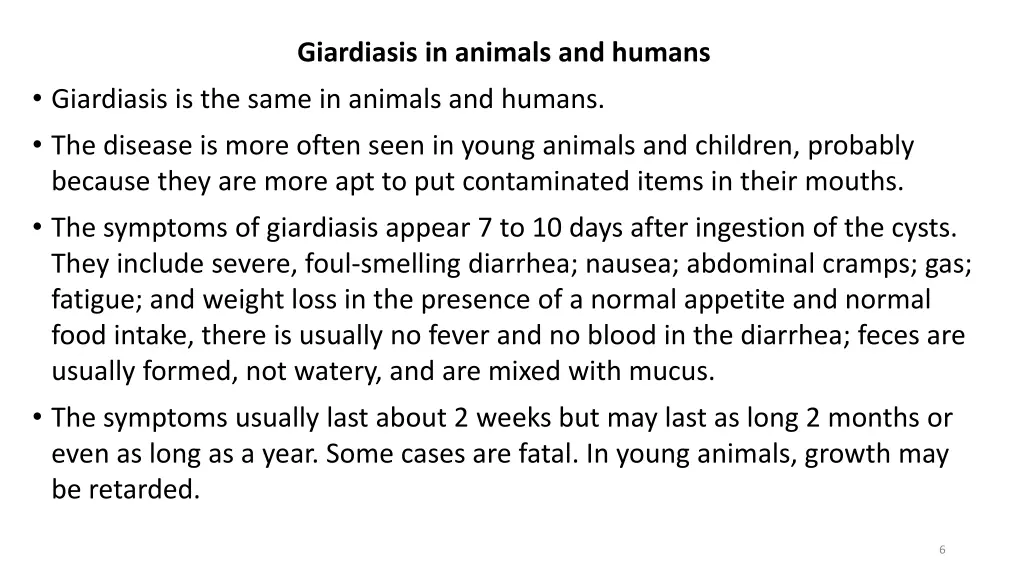 giardiasis in animals and humans