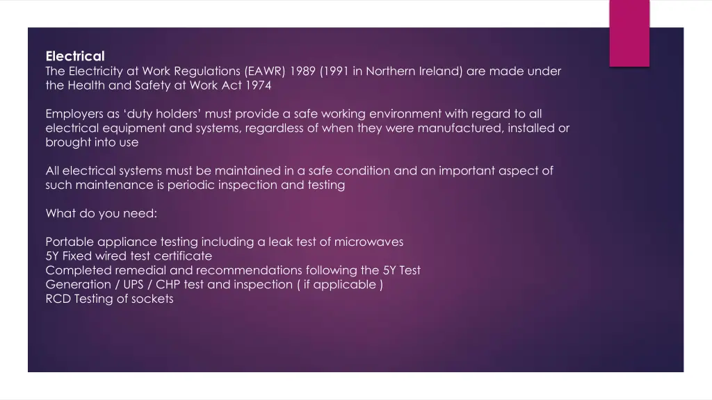 electrical the electricity at work regulations