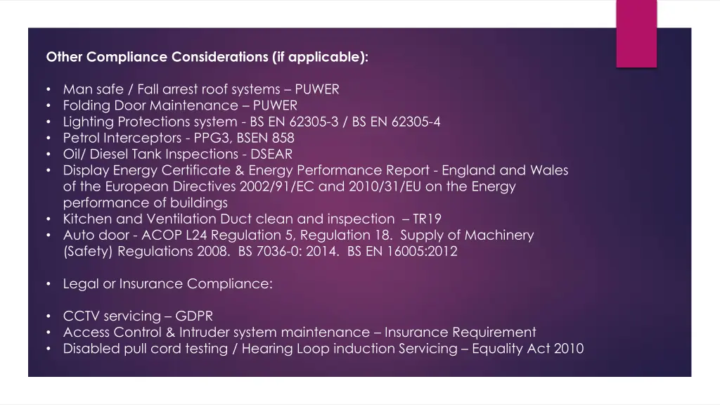 other compliance considerations if applicable