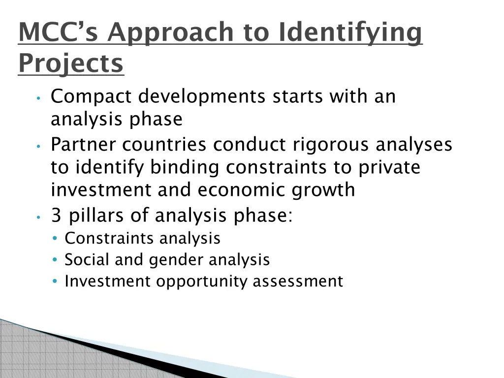 mcc s approach to identifying projects