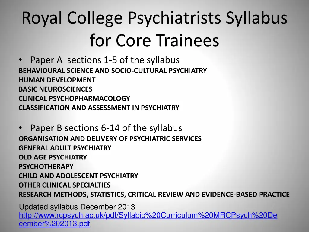 royal college psychiatrists syllabus for core