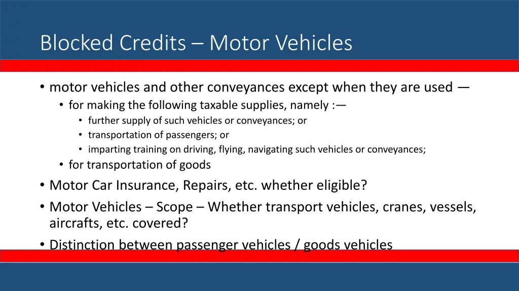 blocked credits motor vehicles