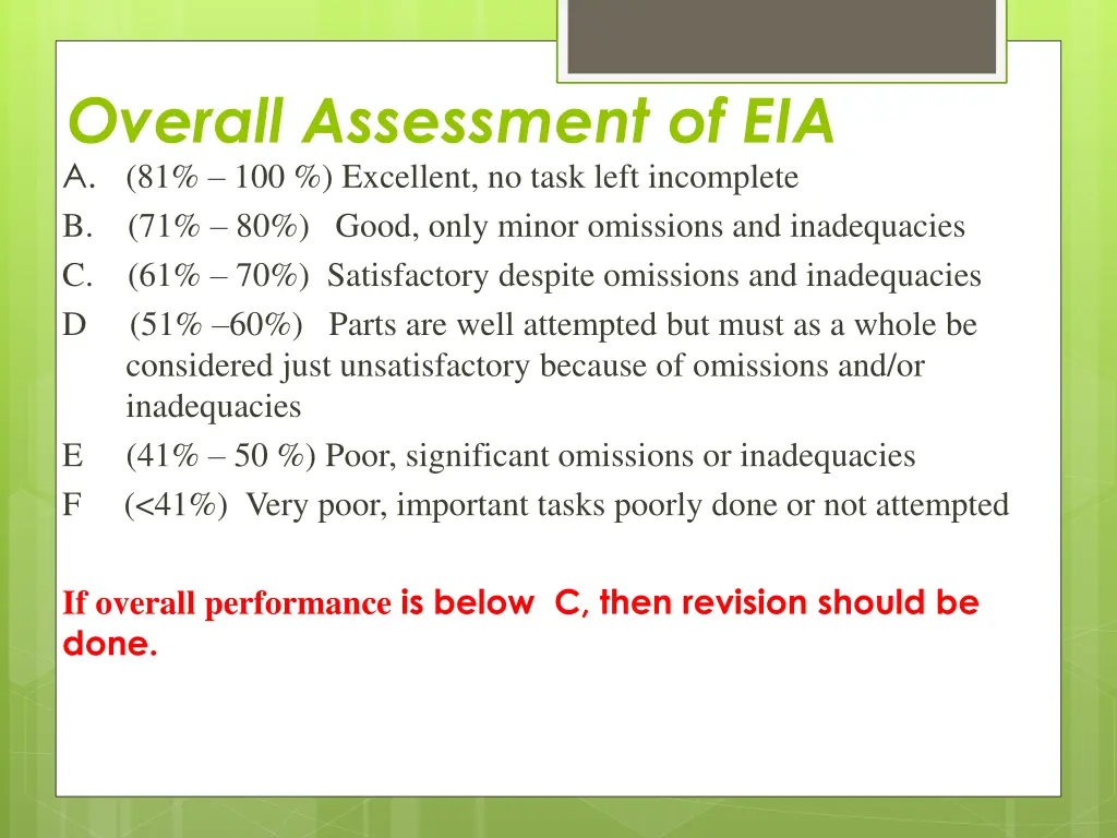 overall assessment of eia a 81 100 excellent