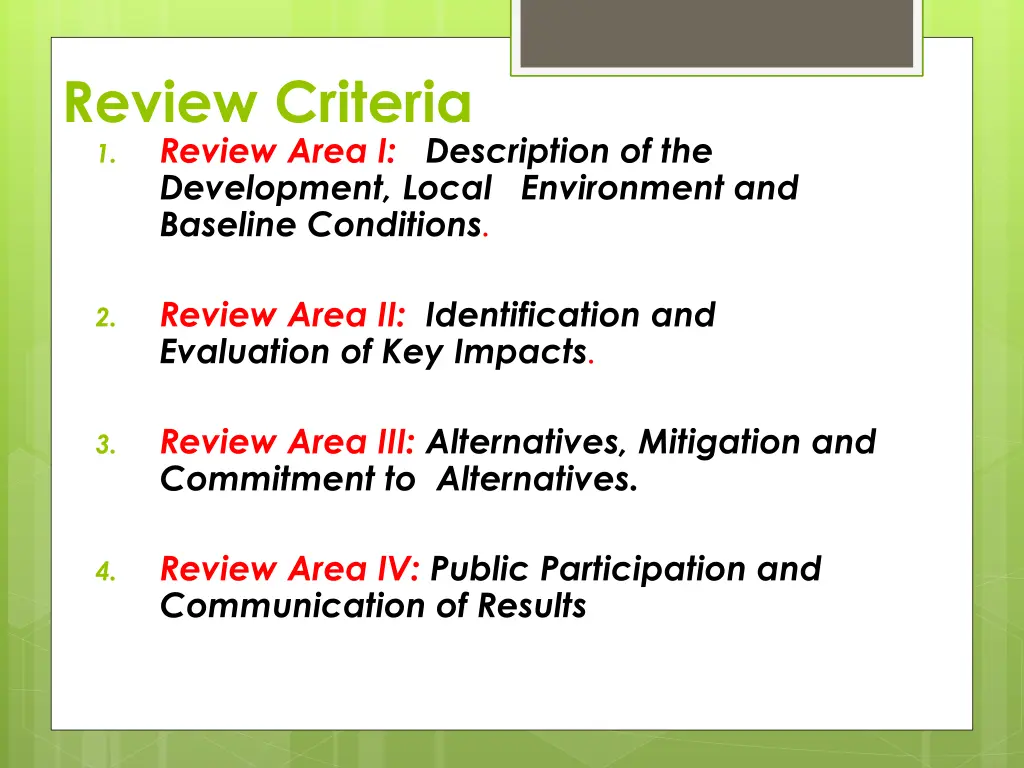 review criteria 1 review area i description