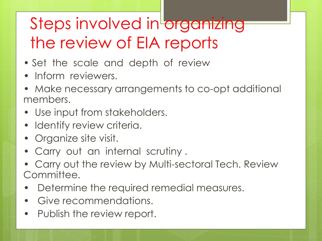 steps involved in organizing the review