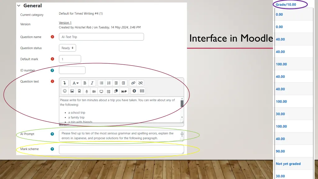 interface in moodle quiz