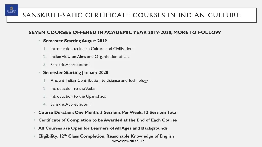 sanskriti safic certificate courses in indian