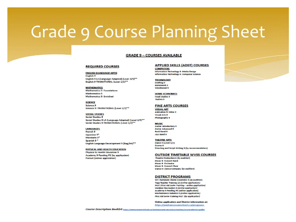 grade 9 course planning sheet