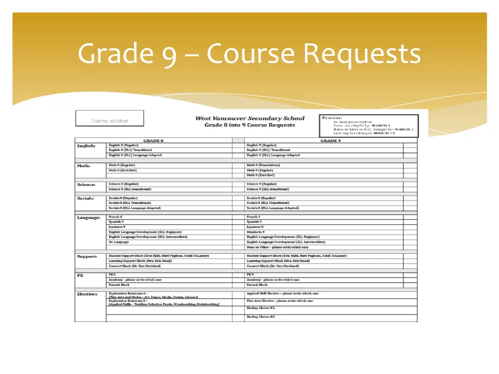 grade 9 course requests