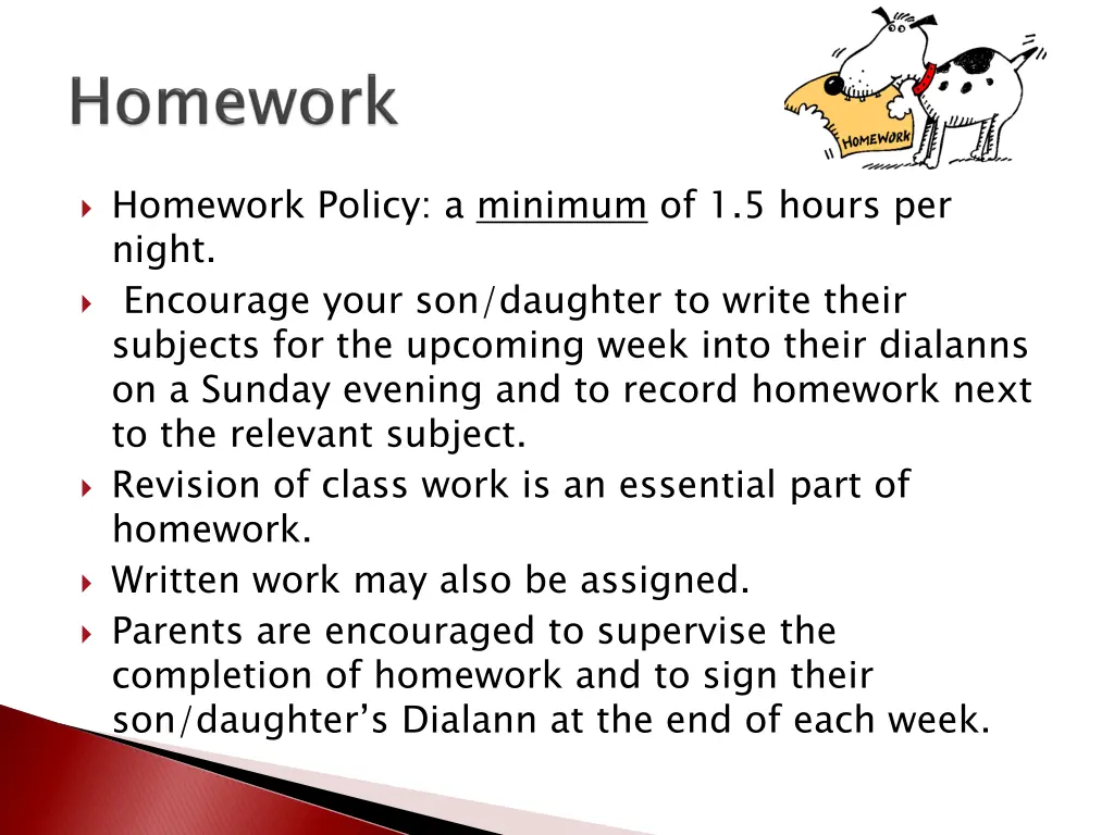 homework policy a minimum of 1 5 hours per night