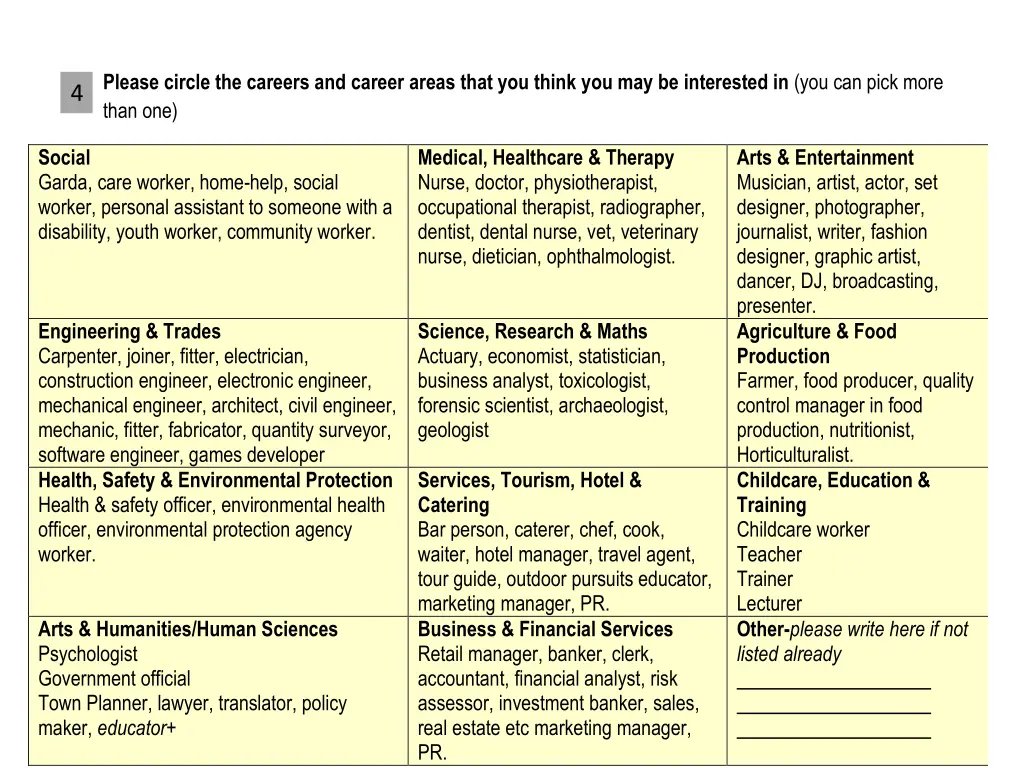 1 please circle the careers and career areas that