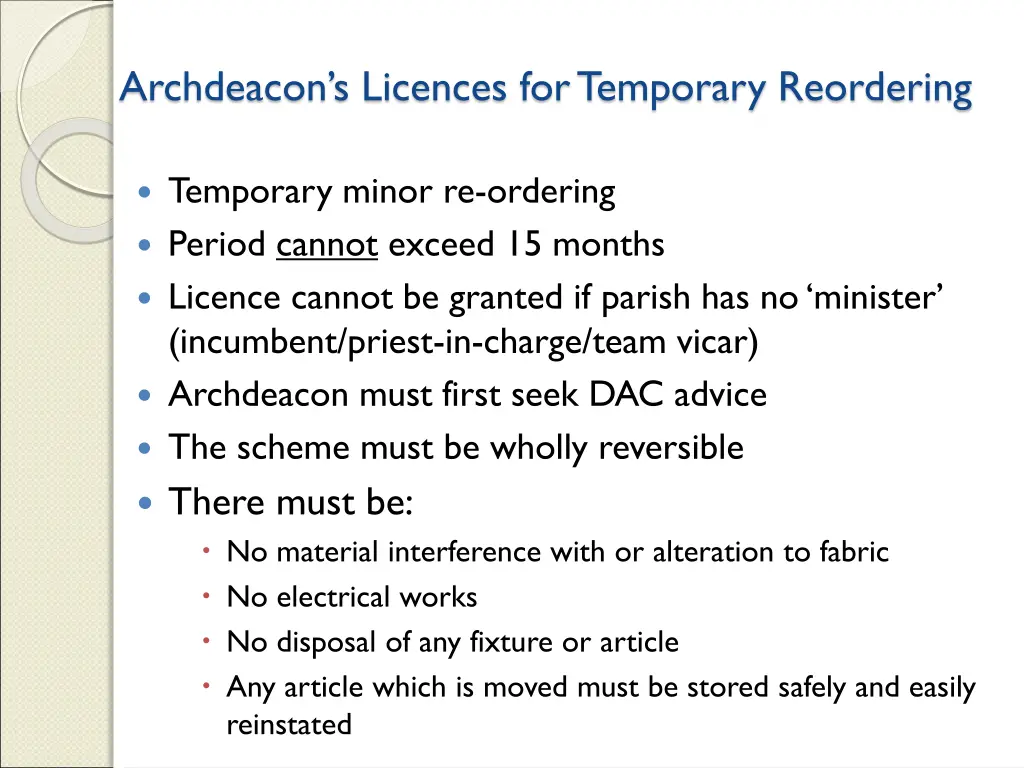 archdeacon s licences for temporary reordering