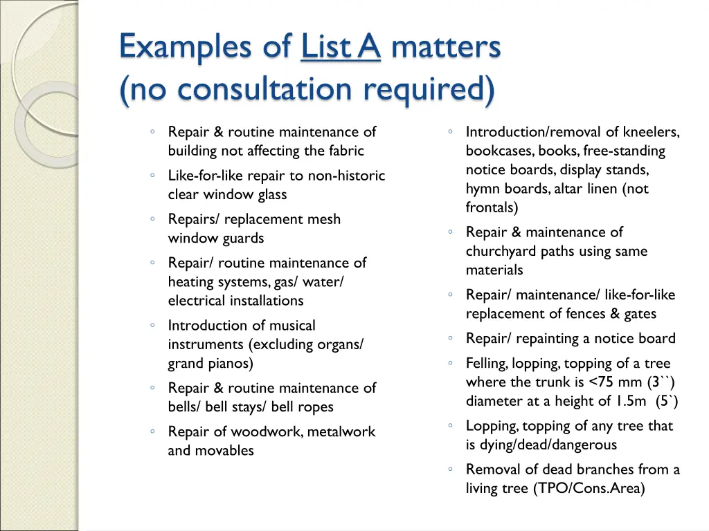 examples of list a matters no consultation