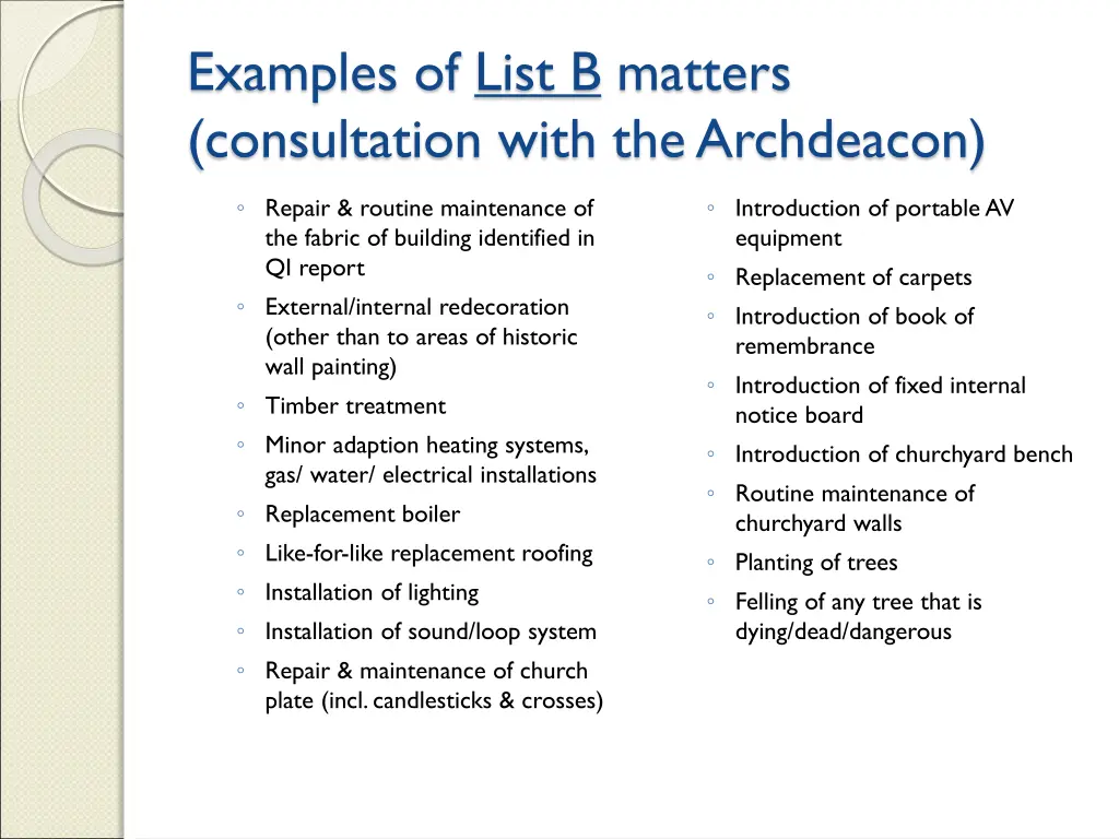 examples of list b matters consultation with