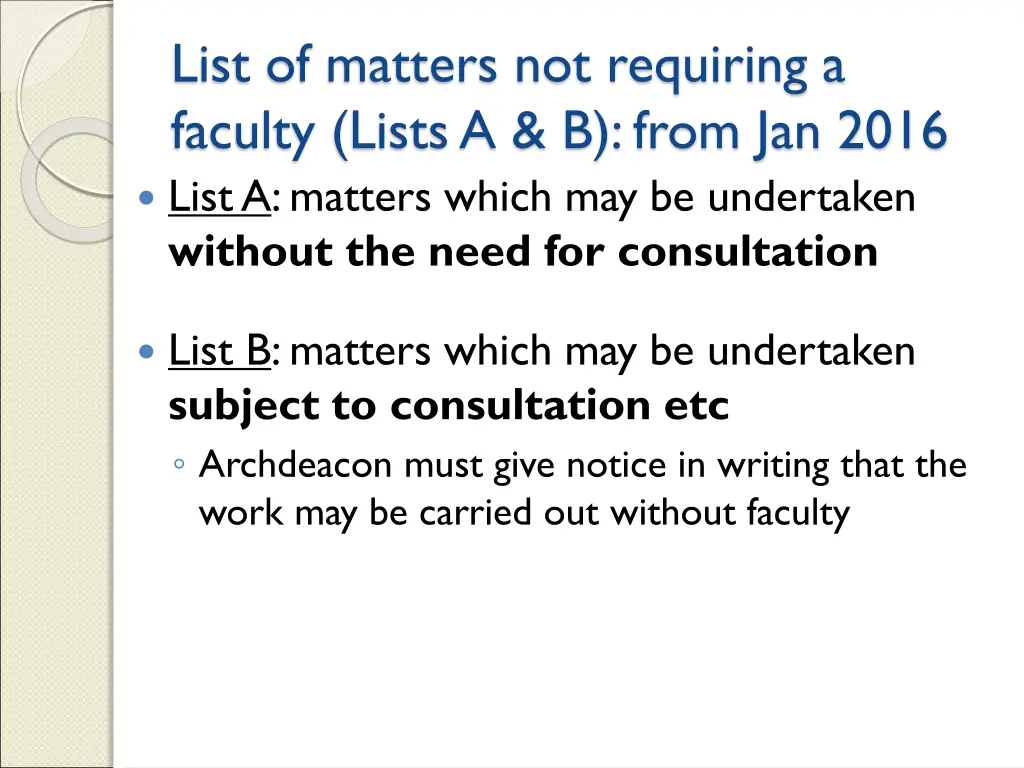 list of matters not requiring a faculty lists