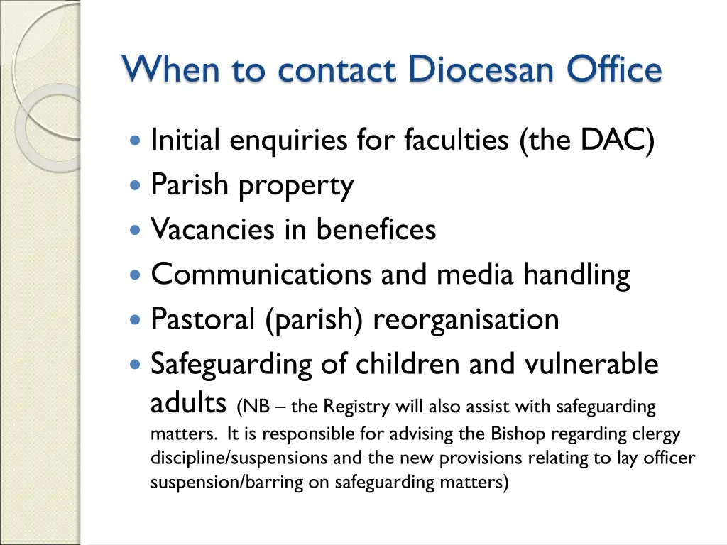 when to contact diocesan office