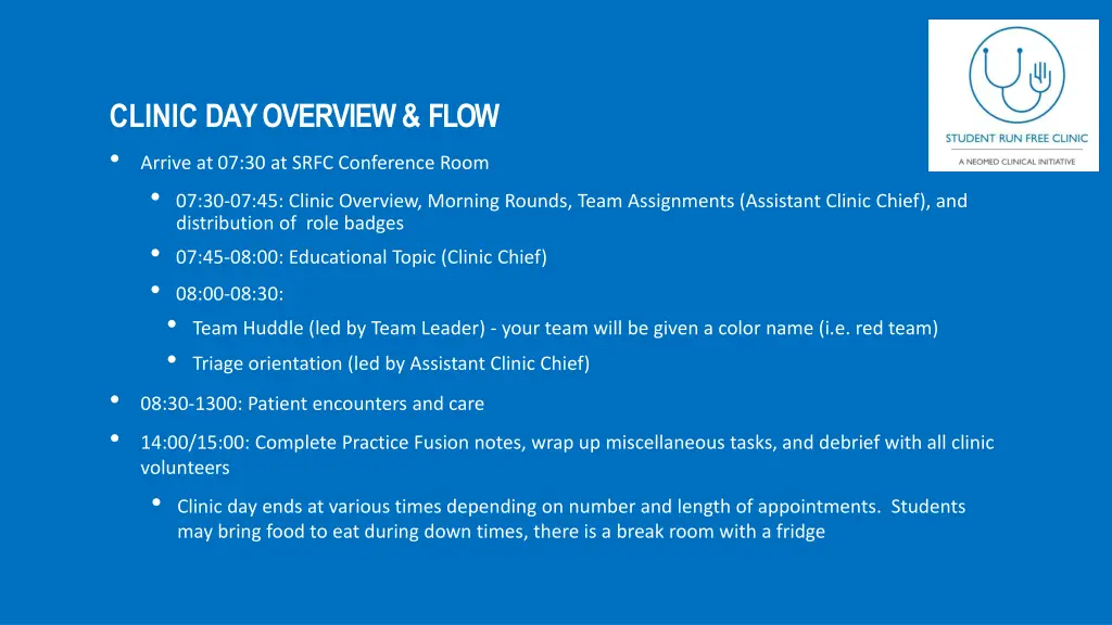 clinic day overview flow arrive at 07 30 at srfc