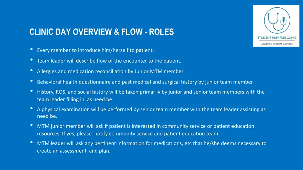 clinic day overview flow roles