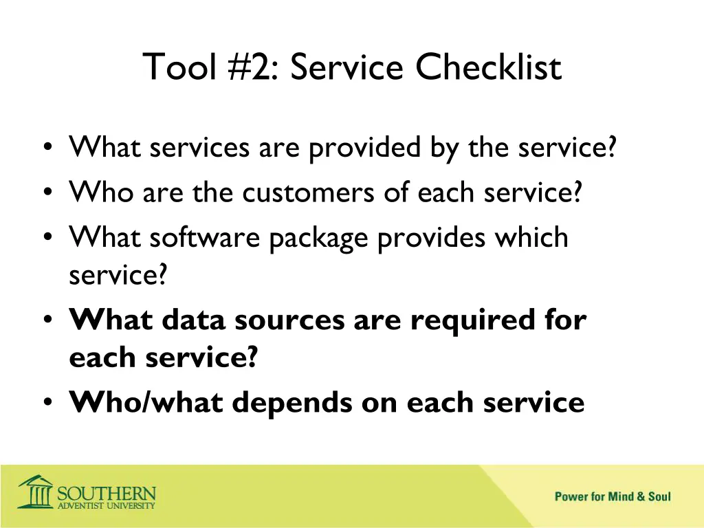 tool 2 service checklist