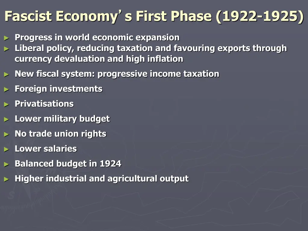 fascist economy s first phase 1922 1925