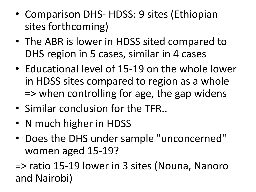 comparison dhs hdss 9 sites ethiopian sites