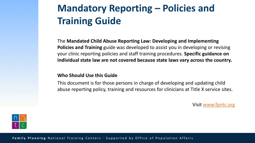 mandatory reporting policies and training guide