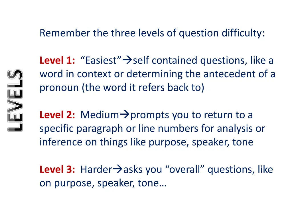 remember the three levels of question difficulty