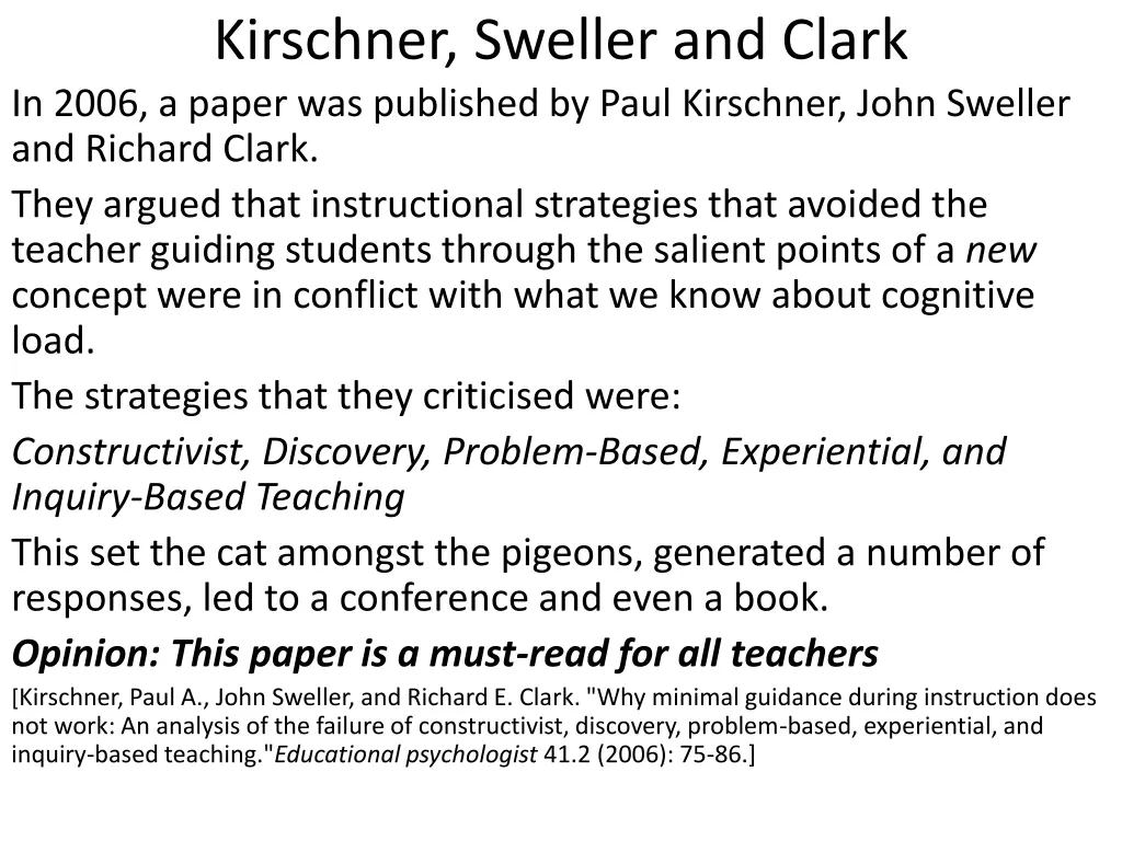 kirschner sweller and clark in 2006 a paper