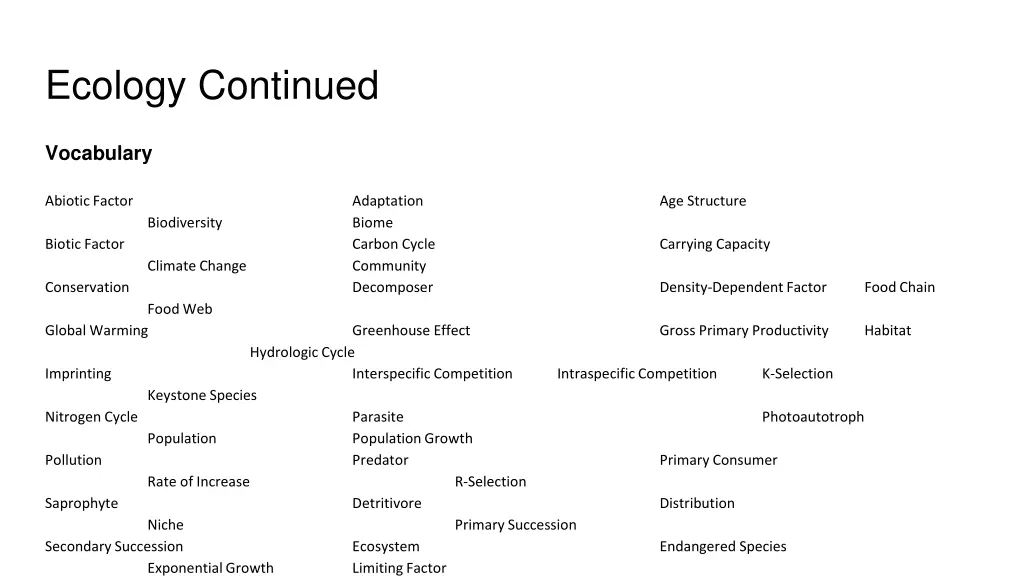 ecology continued