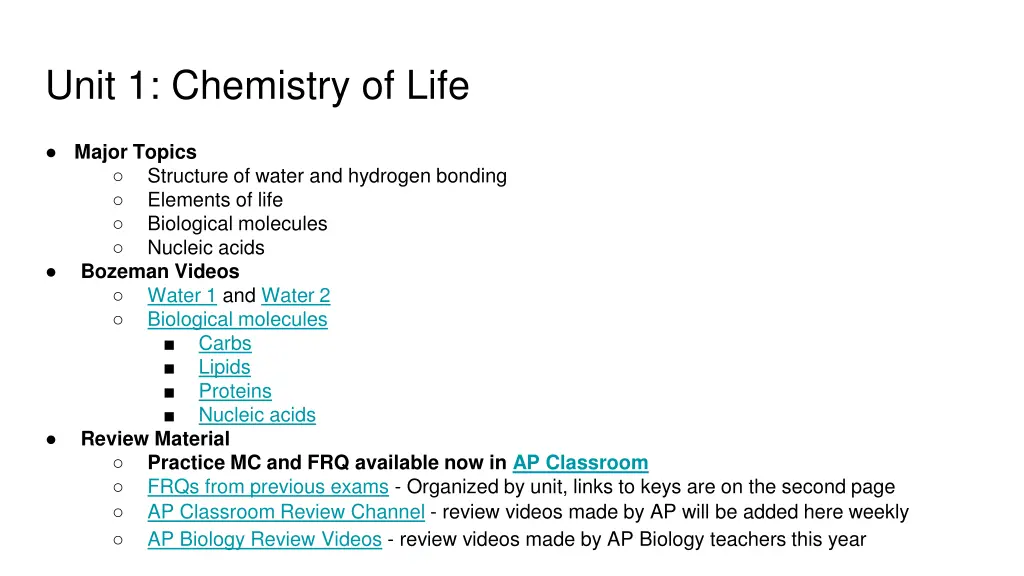 unit 1 chemistry of life