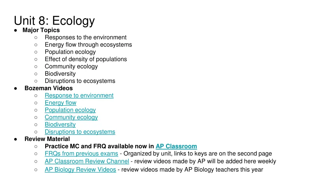 unit 8 ecology major topics responses