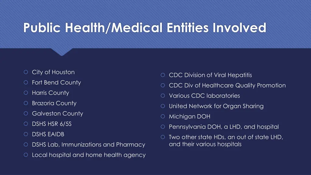 public health medical entities involved