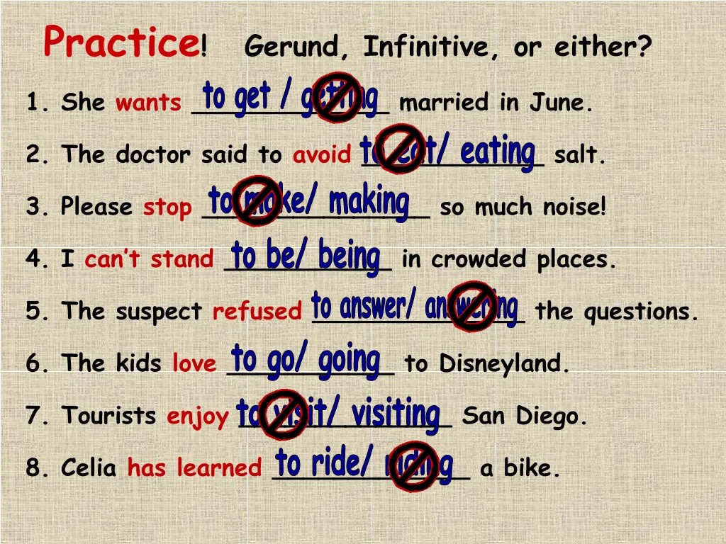 practice gerund infinitive or either