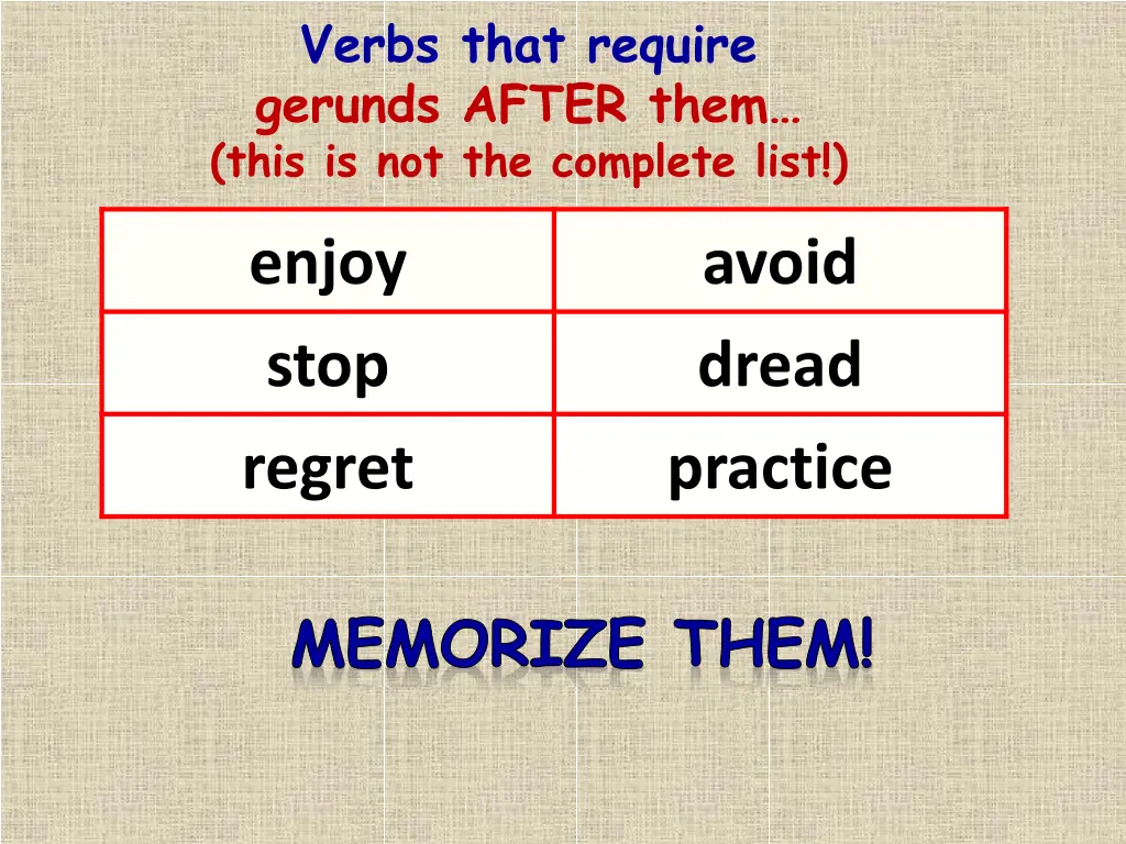 verbs that require gerunds after them this