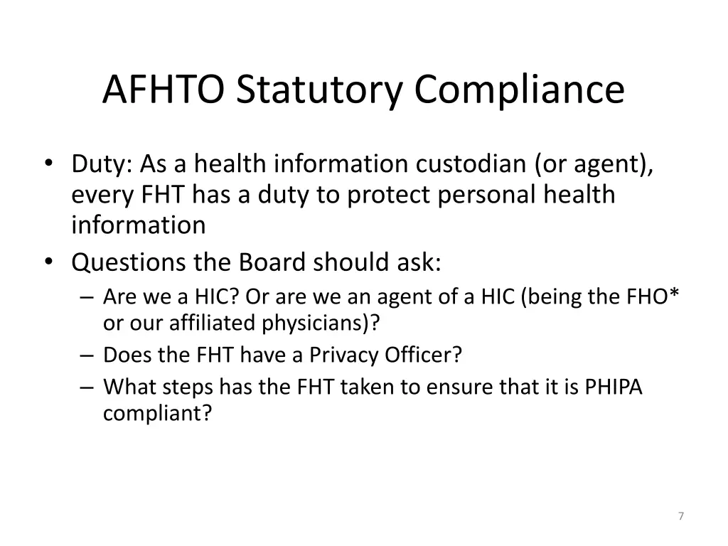 afhto statutory compliance