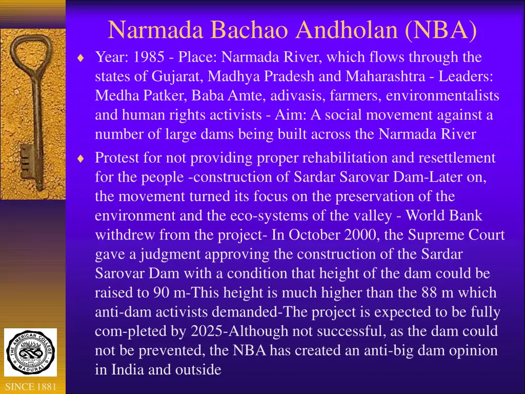 narmada bachao andholan nba year 1985 place