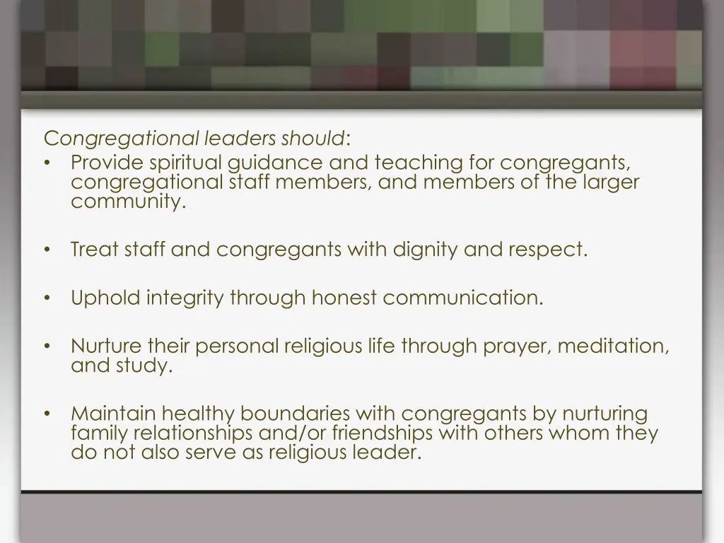 c ongregational leaders should provide spiritual